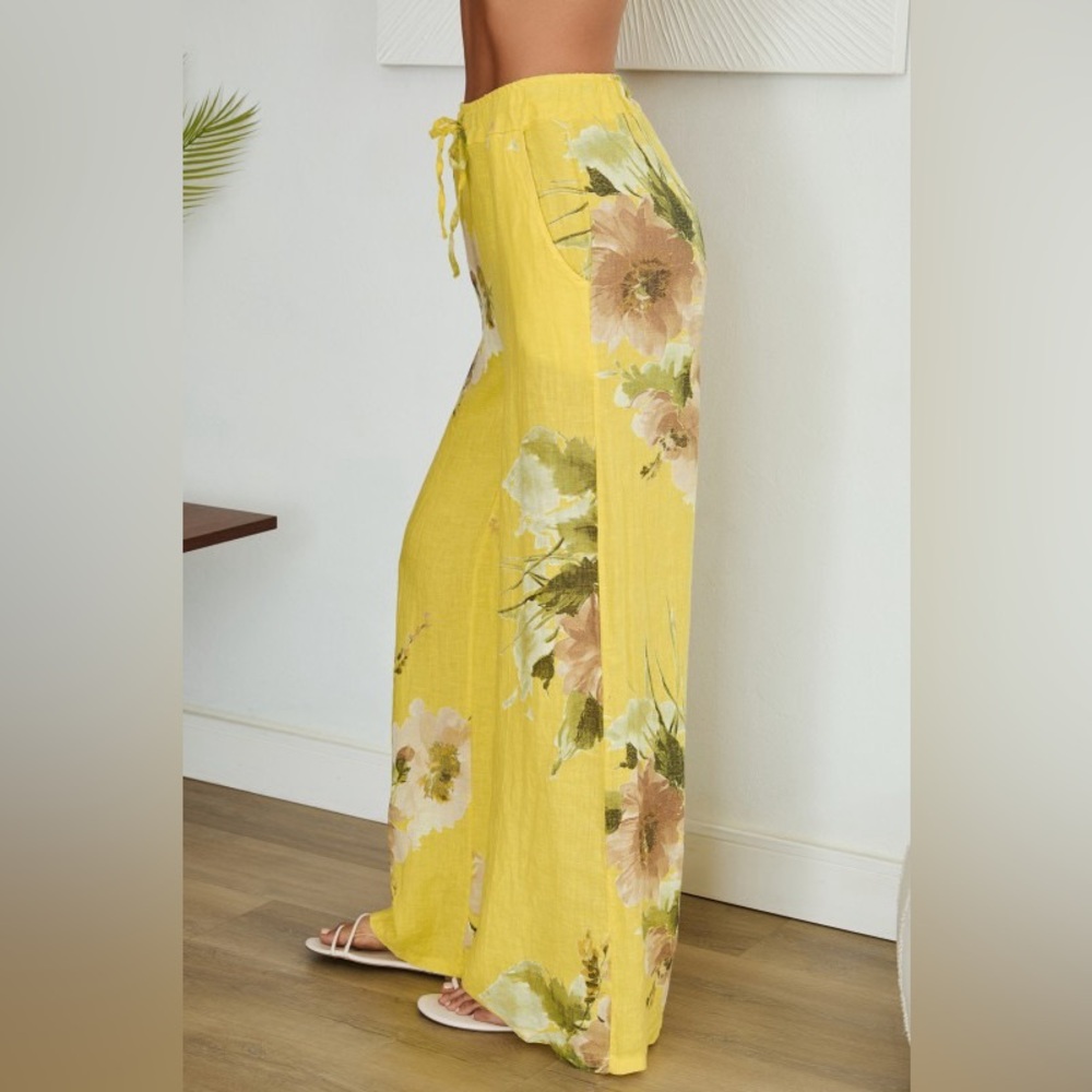 (12-03-MAGNOLIA-YEL) MAGNOLIA FLOWERS PRINT LINEN WIDE LEG PANTS - Picture 2 of 4